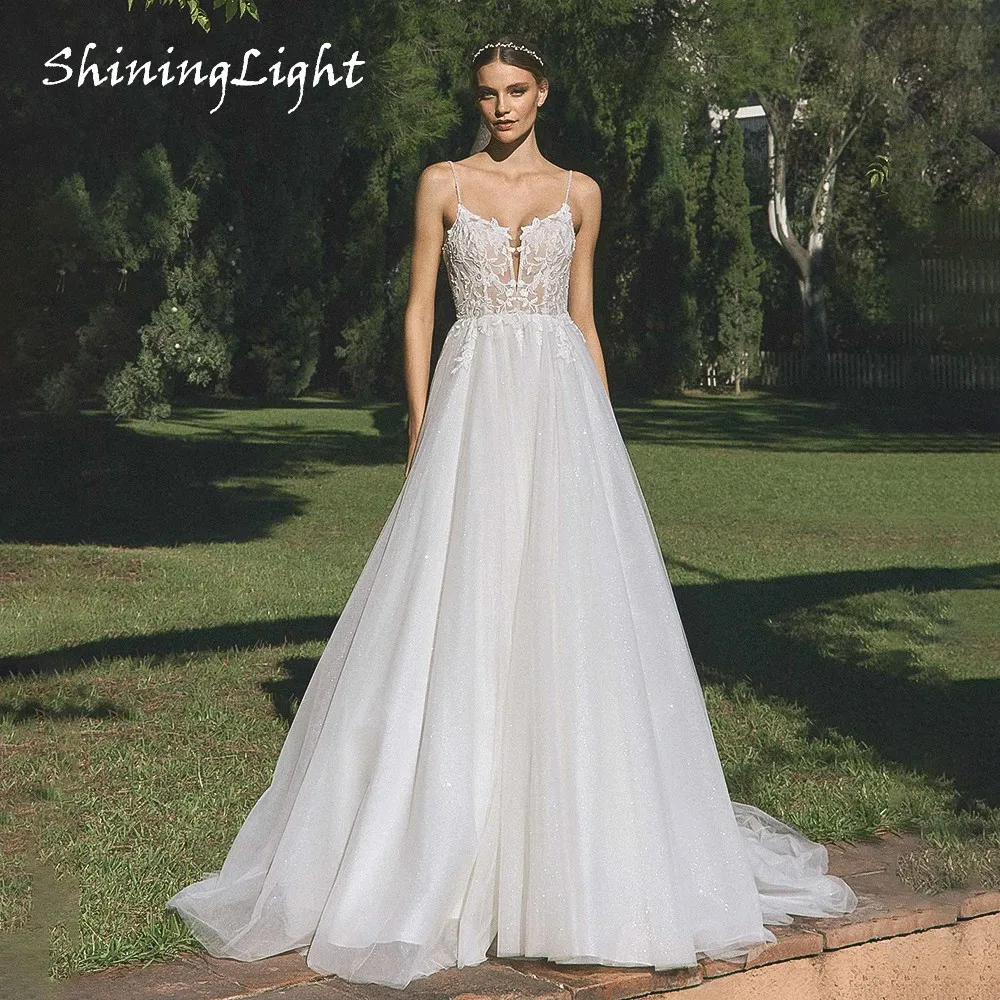 

ShiningLight Tulle A-line Wedding Dress for Women Spaghetti Straps Lace Appliques Boho Bridal Gown Vestidos De Novia Customized