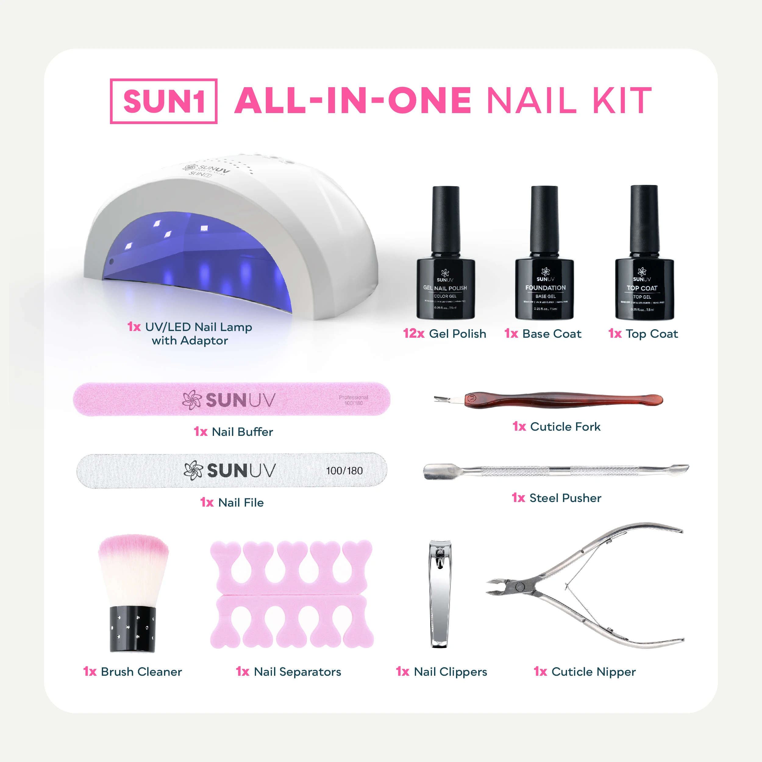 SUNUV gel nagellakset met UV-licht 48W nagellamp, 12 kleuren nagelgelset, basis en glanzende toplaag gelnagelset manicure