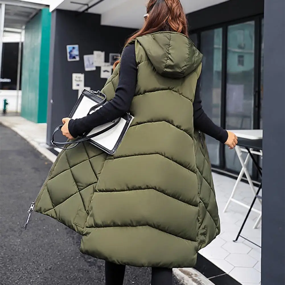 Winter Women Vest Coat Solid Color Padded Zipper Sleeveless Hooded Vest Thick Midi Length Winter Down Coat For Daily Wear