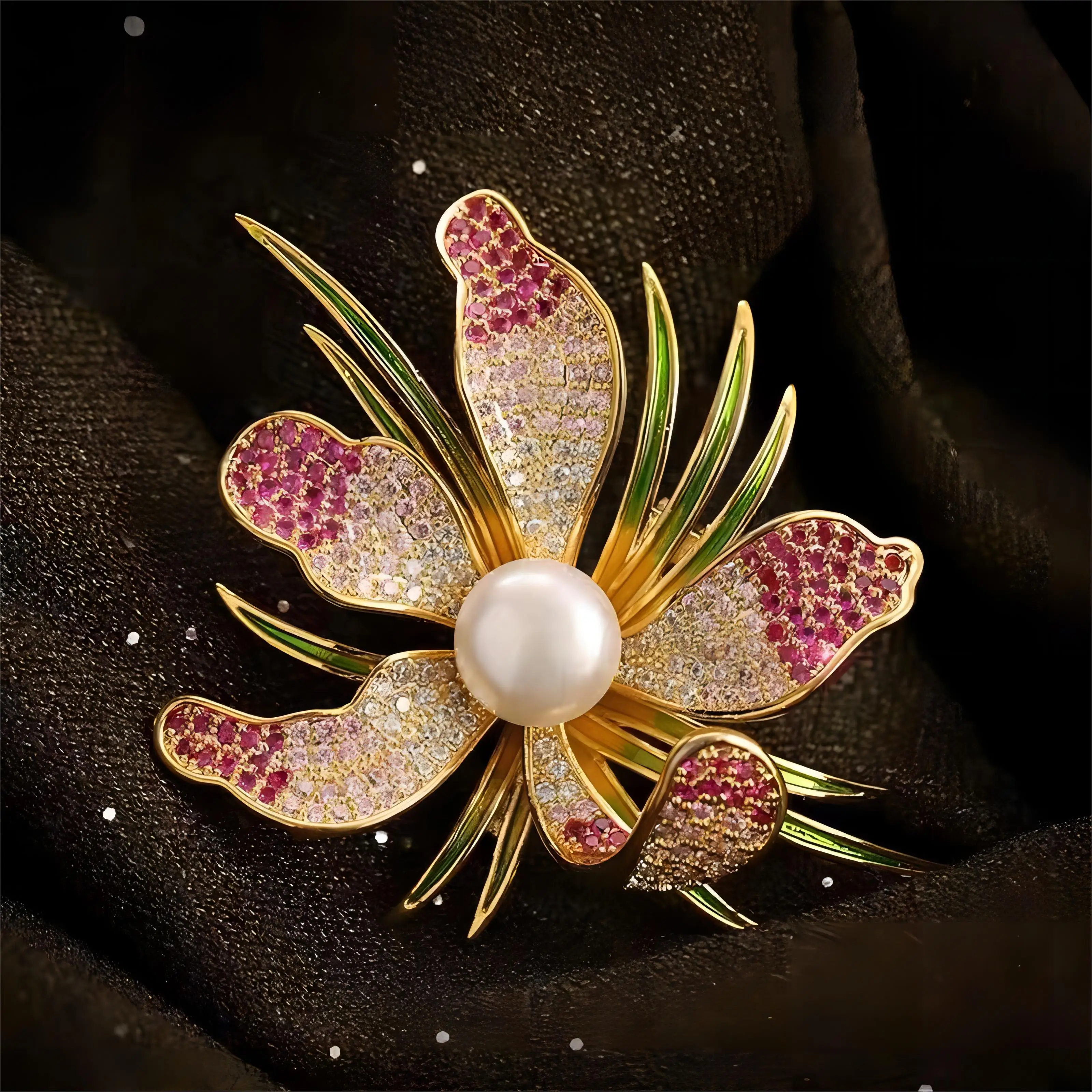 Rhinestone Orchid Brooches for Women Unisex Pearl Botanical Flower Pins Event Party Backpack Decoration Clothes Accessories