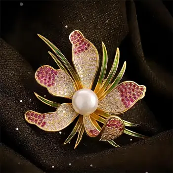 Broches de orquídeas con diamantes de imitación para mujer, alfileres de flores botánicas con perlas Unisex, decoración para mochila de fiesta y evento, accesorios de ropa