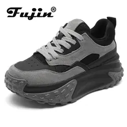 Fujin 6cm Scarpe da ginnastica con zeppa con plateau in vera pelle di mucca da donna Peluche caldo tacco nascosto Sneaker robusta traspirante Scarpe autunno inverno