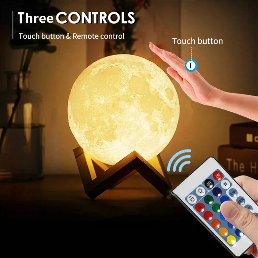 Rechargeable LED Night Light 3D Print Moon Lamp Touch Remote 16 Colors Change Bedroom Table Lamp for Children’s Room Decoration