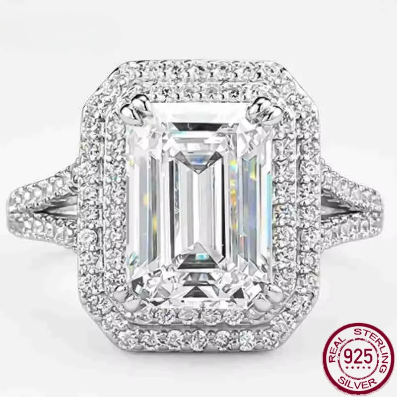 Yaranyan Sparkling 925 Sterling Silver Emerald Cut 7*10 MM Lab Sapphire High Carbon Diamond Gems Engagement Rings Fine Jewelry