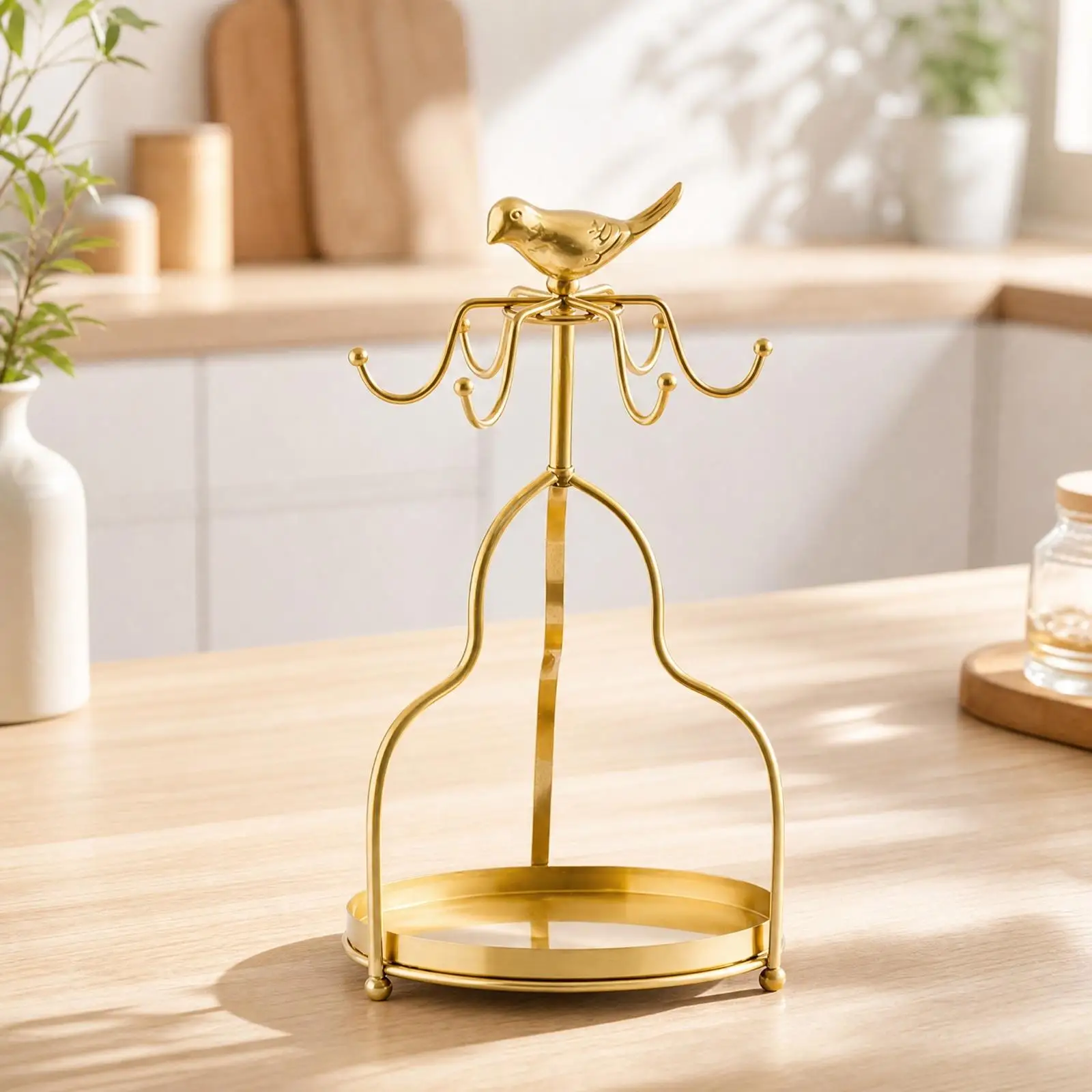 Industrial Shelf Brass Finish Cup Storage Rack Freestanding Dish Organizer for Dining Room Kitchen Counter Tableware Display