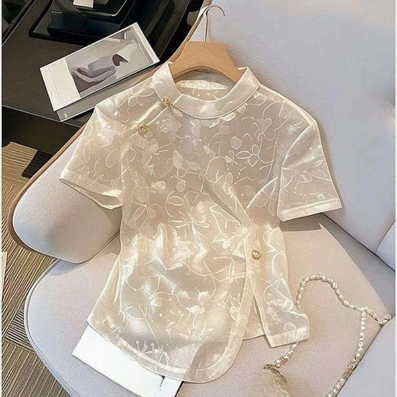 

2025 Summer Chinese Style Vintage Women Beige Dobby Floral Short Sleeve Top Shirt , Imitation Silk Tops Shirts for Woman