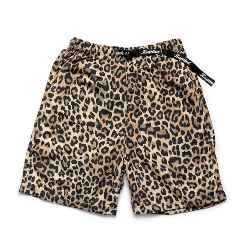 KAPITAL Hirata Hohiro pantalones cortos de playa de algodón y lino con estampado de leopardo, pantalones cortos sueltos de nailon japonés de secado