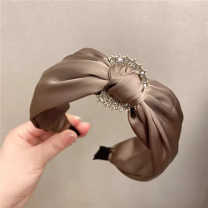 2024 New Women\'s Hair Pin Satin Wide Brim Solid Color Fabric Craft Diamond-Laid Headband Knotted Headband