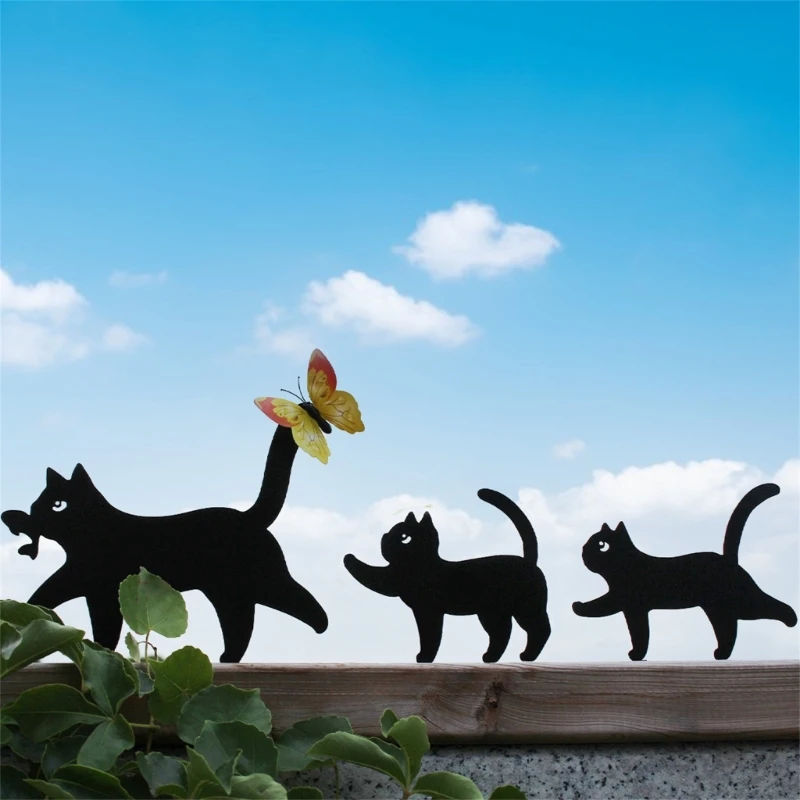 3pcs Black Cats Silhouettes Metal Garden Stakes Iron Art Outdoor Lawn Decorations Kxre