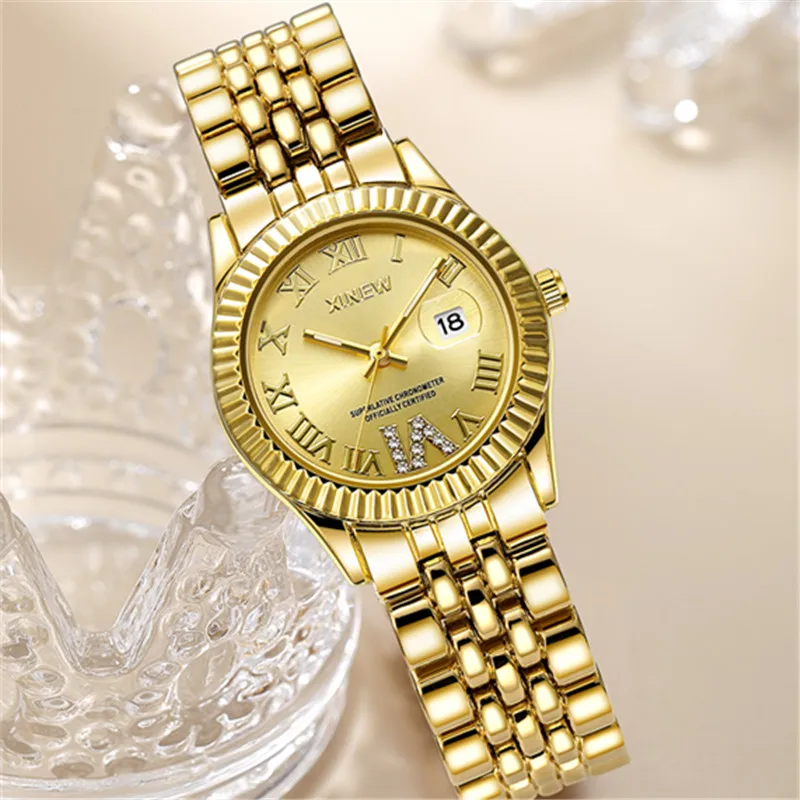 Relogios Feminino Fashions Women XINEW Brand Watches Girls Fashion Casual Alloy Band Calendar Quartz Watch Golden Reloj Mujer