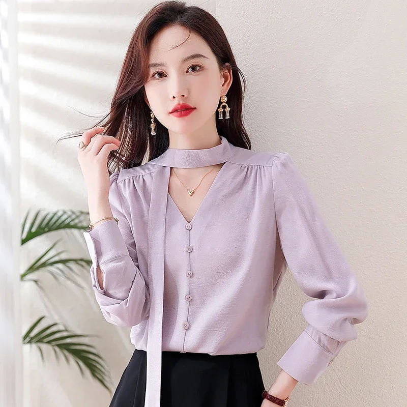 New Autumn Long Sleeve V-Neck Women Blouse Casual Lace-up White Chiffon Blouse Shirt Women Tops Blusas Mujer De Moda 2024 A576