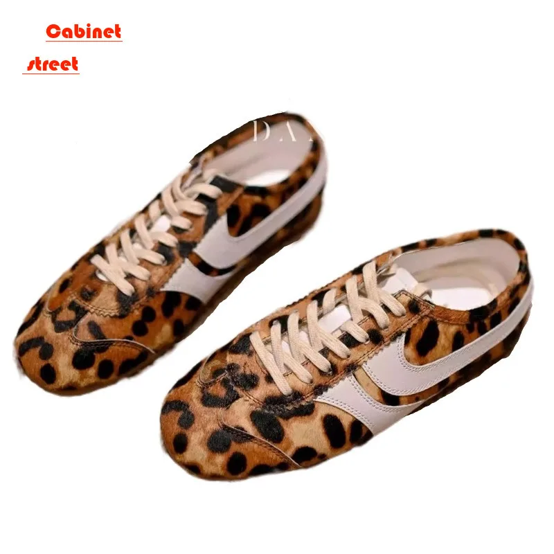 

2024 Leather Women Flats Leopard Sneakers Casual Lace-up Heels Womens Athletic Tennis Genuine Moral Training Ladies Pumps Shoes