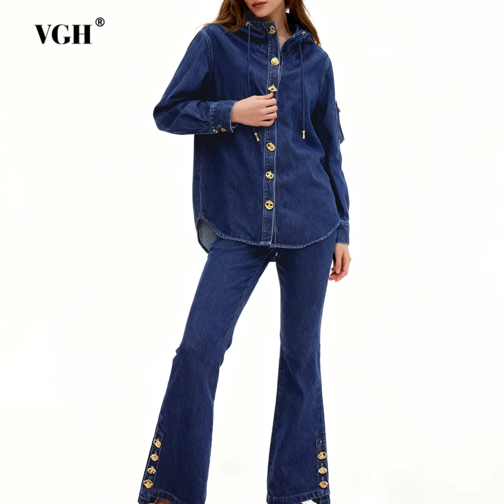 

VGH Casual Solid Spliced Button Denim Two Piece Sets For Women Hooded Long Sleeve Top High Waist Pants Chic Set Female Fashion