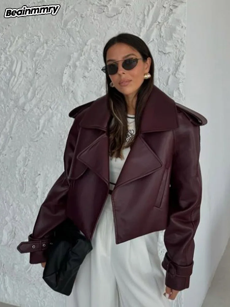 Fashion Burgundy Large Collar Women's Leather Jacket Casual Loose Long Sleeved Pocket Short Coat 2025 Spring Lady Streetwear New