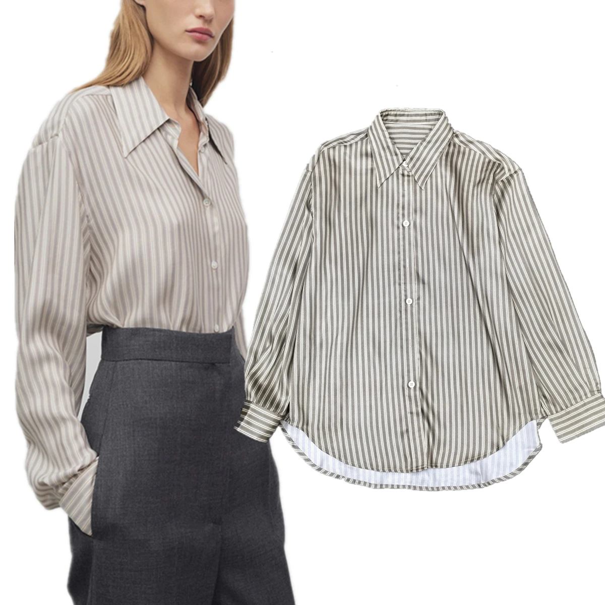 

Withered Striped Shirt Women 2025 Spring Summer New Minimalist Satin Lapel Single-breasted Long-sleeved Blouse Women Top