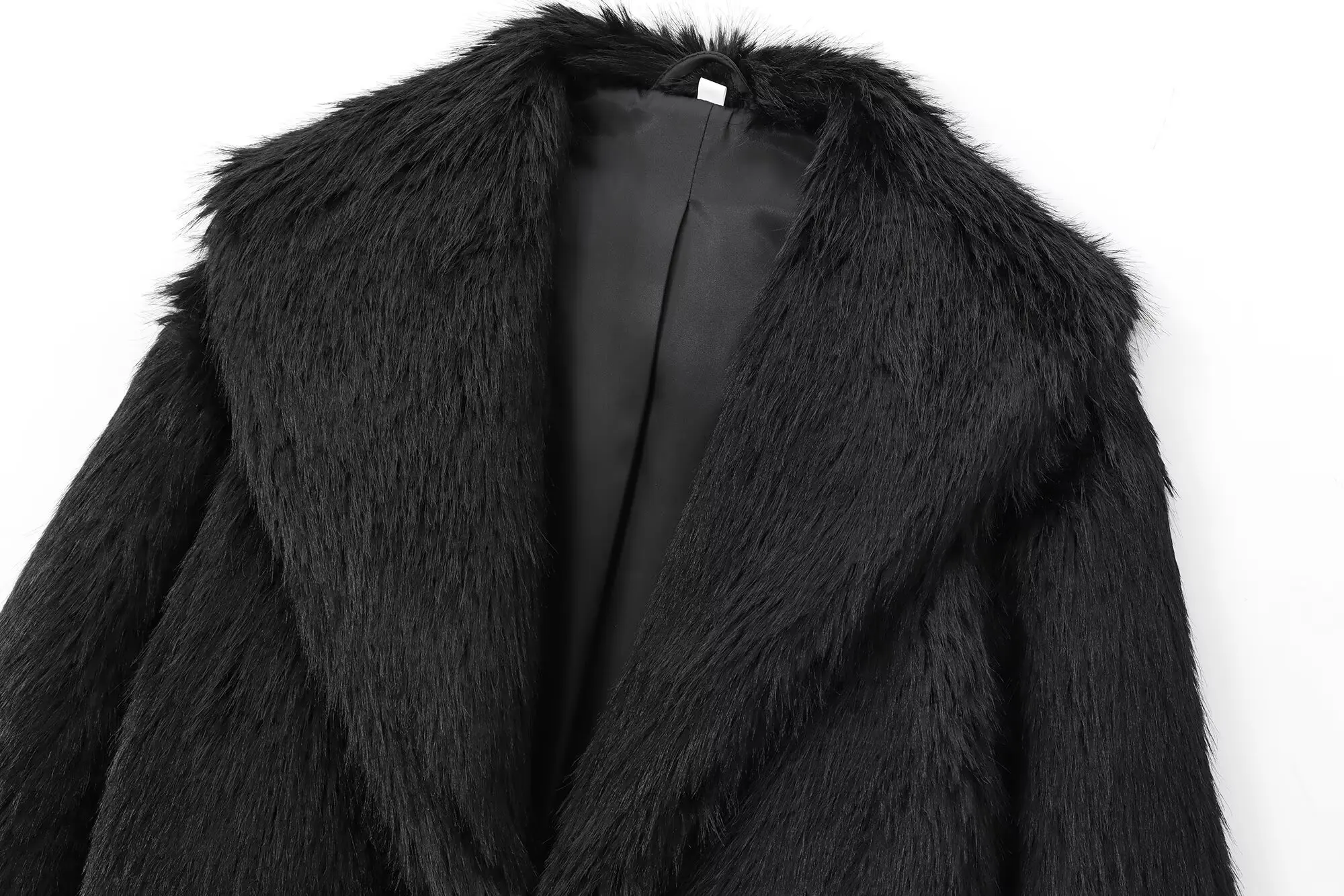 Maxdutti Minimalist Faux Fur Lapel Jacket Gold Wire Long Hair Black Winter Coat Women