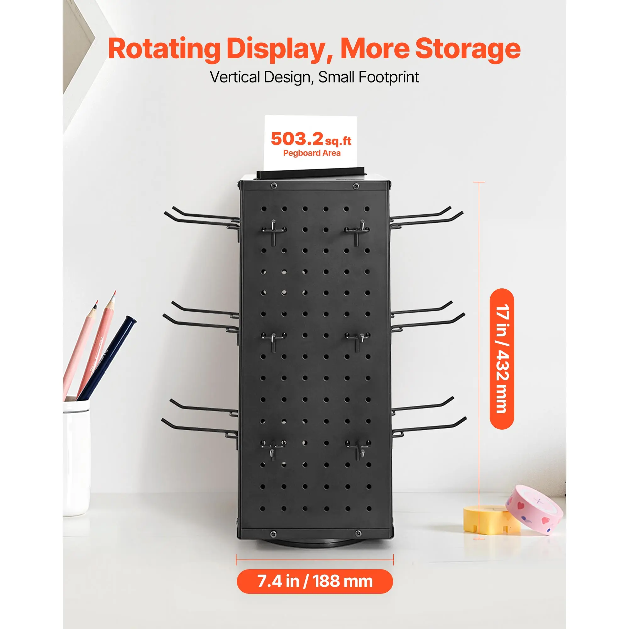 Rotating Pegboard Display Stand, 7.4 x 7.4 x 17 in 4-Sided Spinning Peg Board Display with 24 Hooks, Thickened Cold-Rolled Steel Craft Rack Organizer for Grocery Retail Store Jewelry Shop, Black