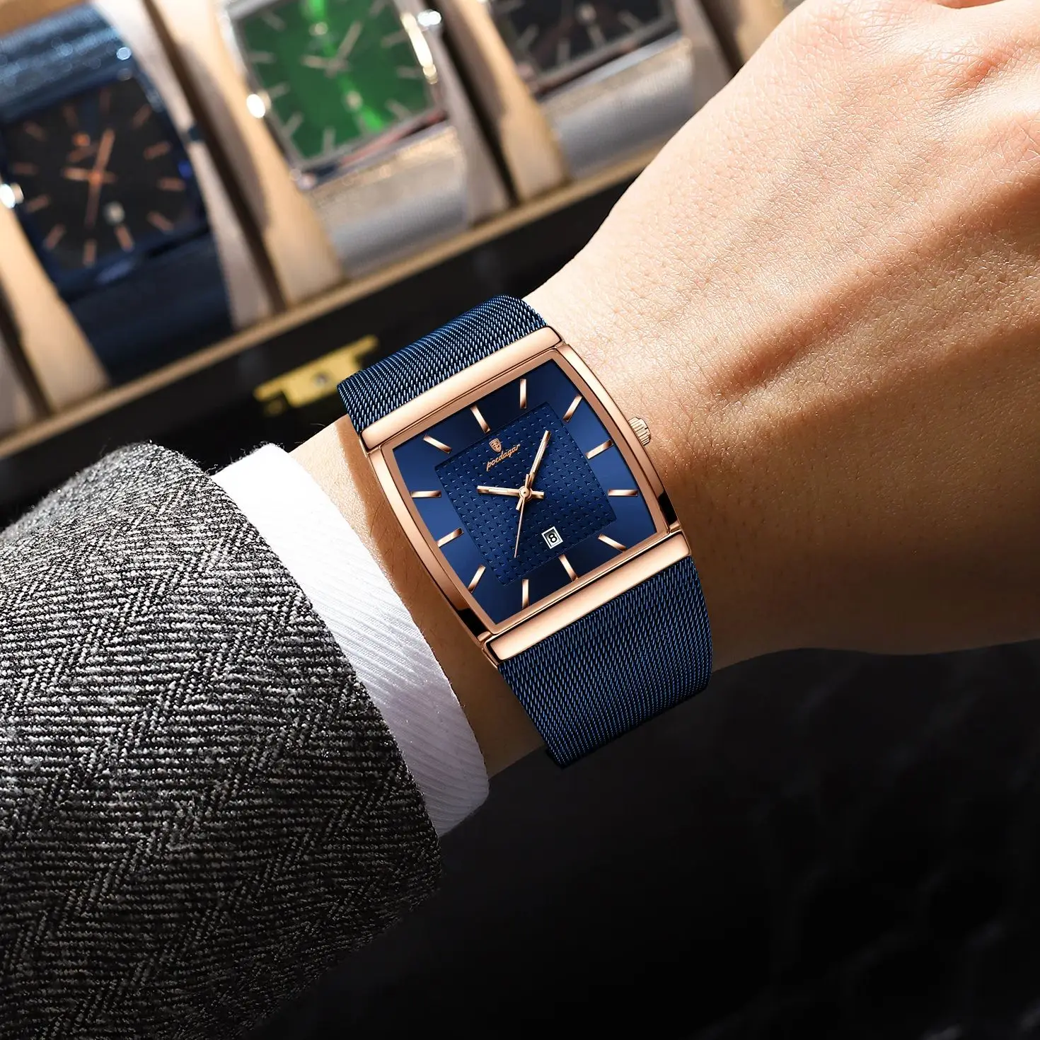 POEDAGAR أفضل ساعة رجالية أصلية مقاومة للماء مضيئة تاريخ مستطيل رجل ساعة اليد شبكة الفولاذ المقاوم للصدأ ساعات كوارتز رجالية ذكر