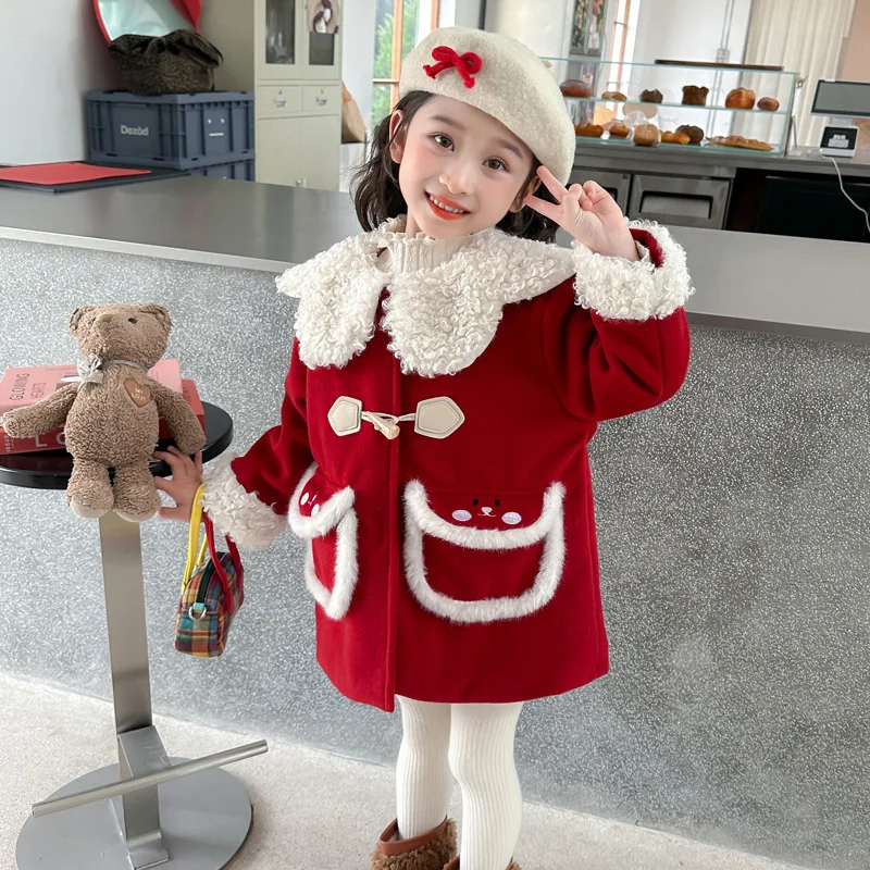 Girls' winter clothing, foreign style big bow woolen coat 2024 new children's fashion baby versatile woolen coat