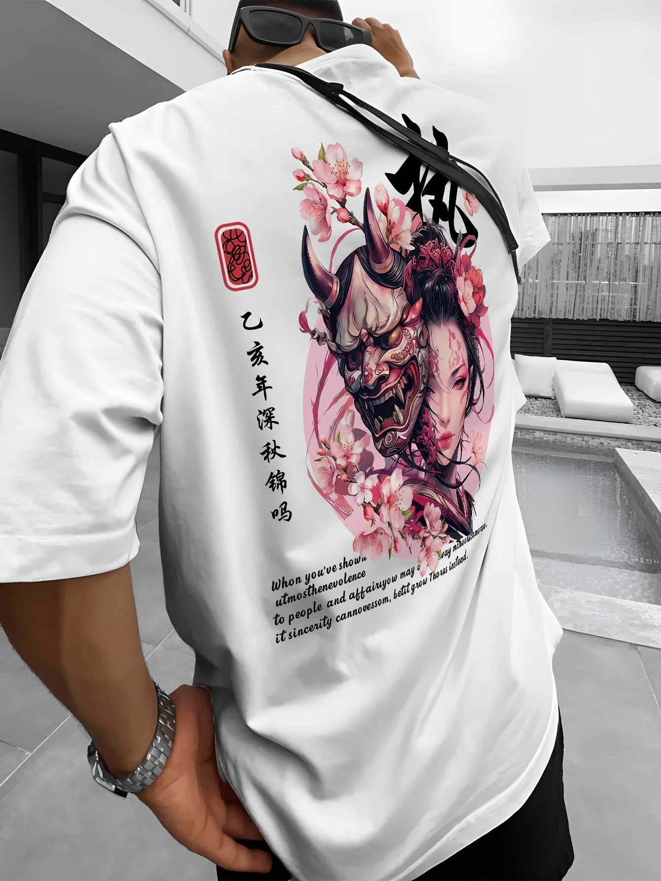 Summer New-style Japanese-style Cherry Blossom Ghost Face  Human Pattern Men T-shirt 100% Cotton Material Trendy and Versatile