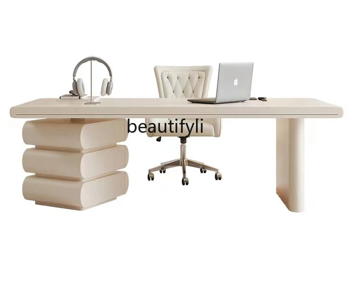 French Cream Style Light Luxury Stone Plate Solid Wood Desk High-End Designer Family Small Apartment Computer Desk