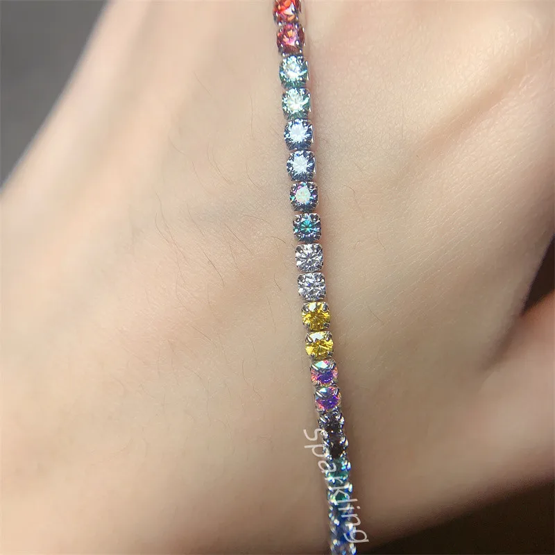 925 Sterling Silver moissanite Bracelet Glitter Colorful moissanite through Diamond Instrument Detect Women's Bracelet Hip Hop