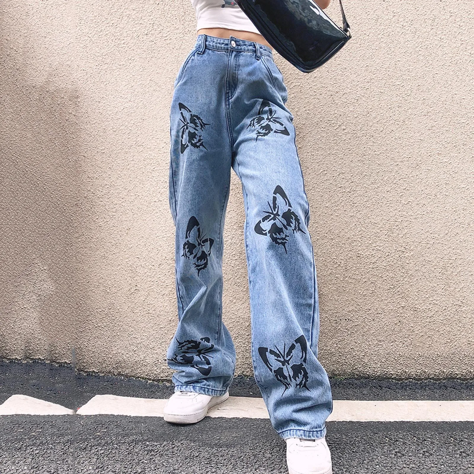 

Women's High Waisted Jeans Butterfly Print Straight Wide Leg Denim Pants Baggy Loose Casual Trousers Streetwear Women Pants