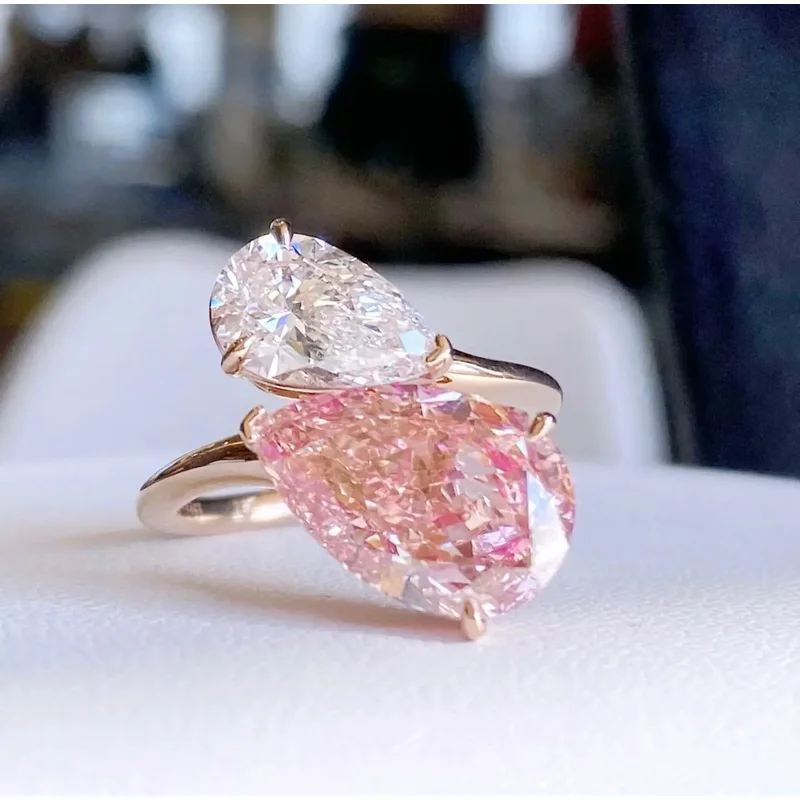 PINK WHITE  Two-Ston IGI Certified 5 Carat Pear Cut Lab Grown Diamond Ring 14K 18K Solid Gold  Engagement Wedding Ring for Women