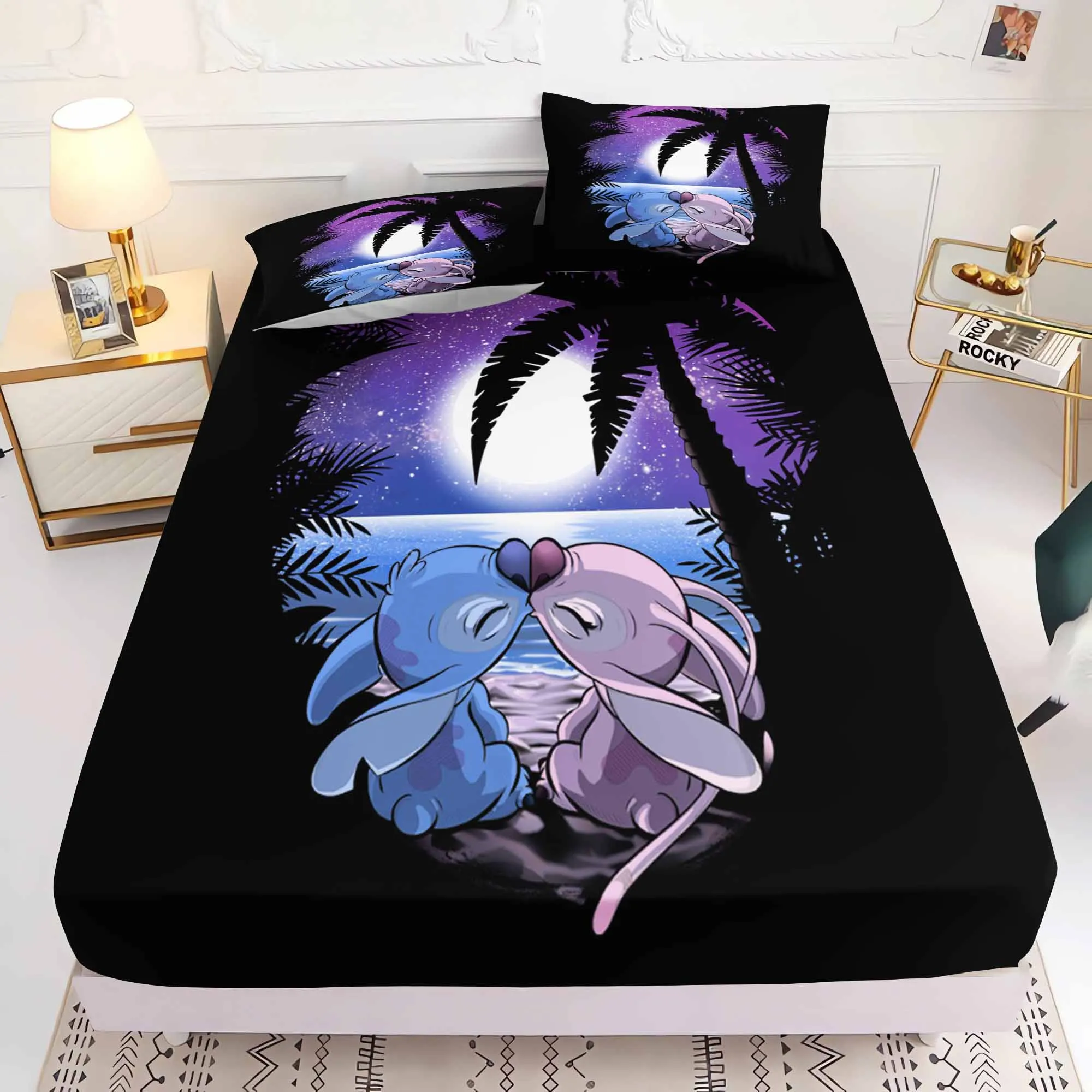 

Stitch Bedding Set Printed Fitted Sheet 2/3pcs Home Decor Anime Cartoon Cute 100% Polyesterqueen Bed Cover Full