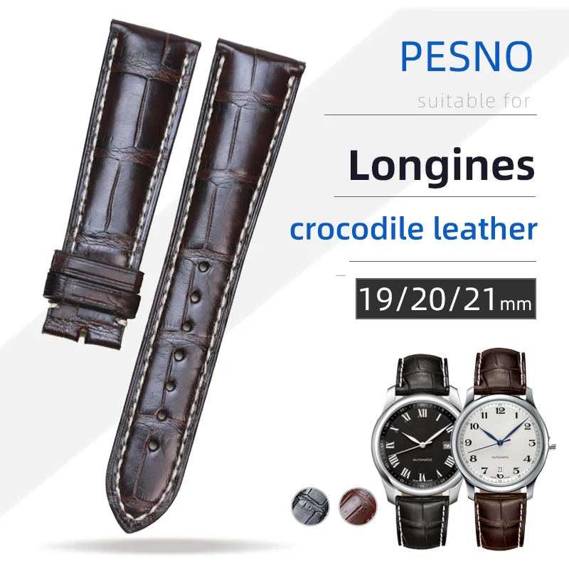 PESNO Genuine Crocodile Alligator Skin Leather Watch Bands Strap Men Accessories Compatible for Longines Master Collection L2