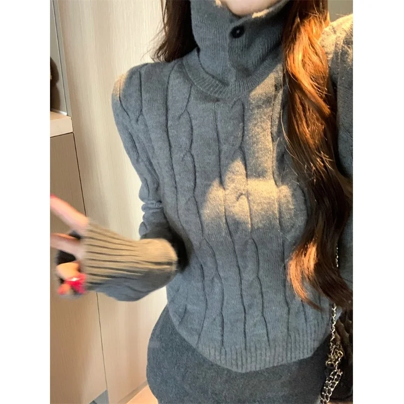 

Women's Knitted Sweater Pure Color Slim Fit Autumn Winter New Sle Turn-down Collar Two-Way Wear Twisted Flower Design Top