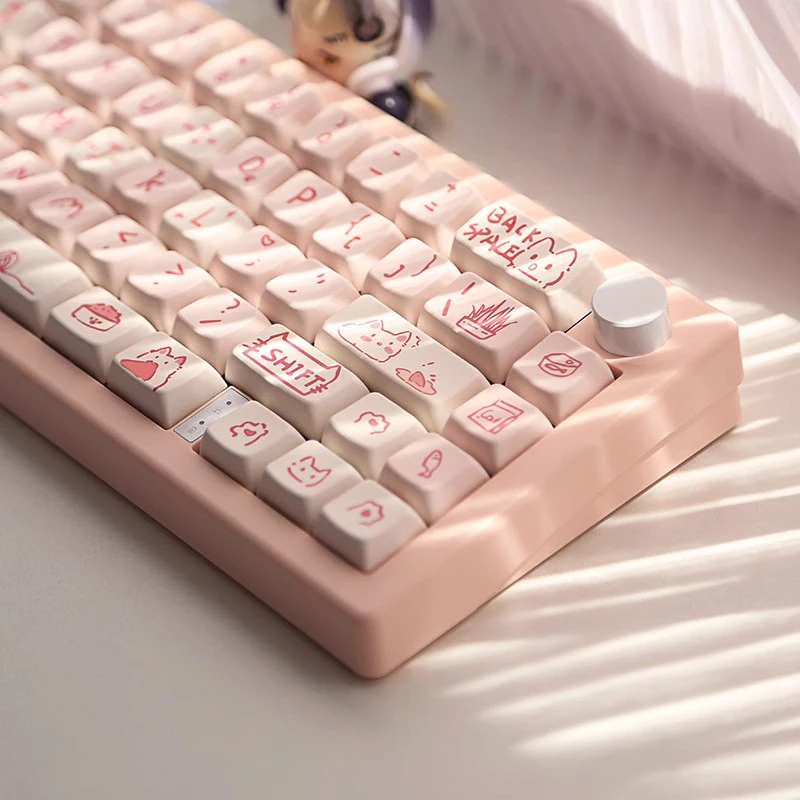 Imagem -03 - Cute Cat Anime Keycaps Caps de Teclado Mecânico Perfil Mda Pbt Miau Rosa Gatinho dos Desenhos Animados 66 Chaves 146 Chaves