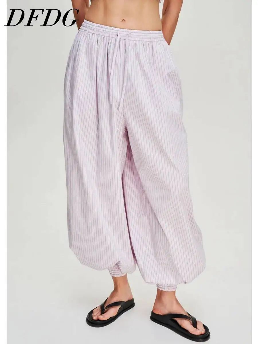 DFDG Women 2026 Vertical Striped Harem Pants Elastic Drawstring High Waist Loose Cuffed Ankle Baggy Casual Vacation Trousers