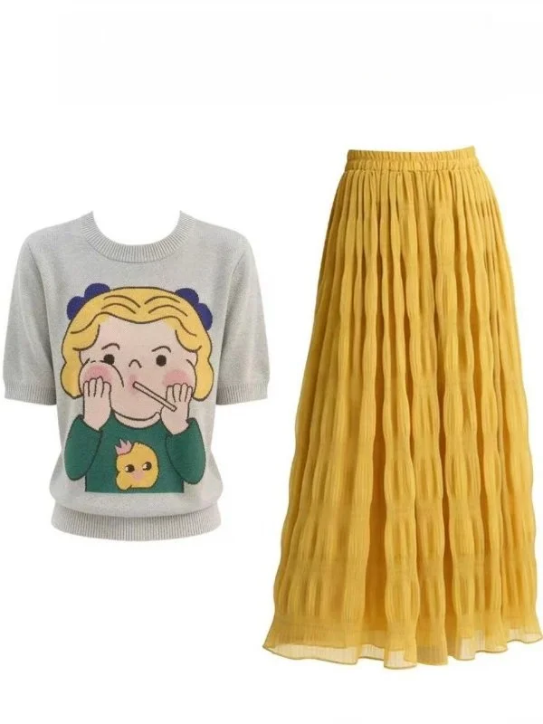 

Loose Fit Tea Colored Cartoon Anime Summer Outfit Women's Half Skirt Set Casual Fashionable Two-Piece Ensemble round Neck Sho...
