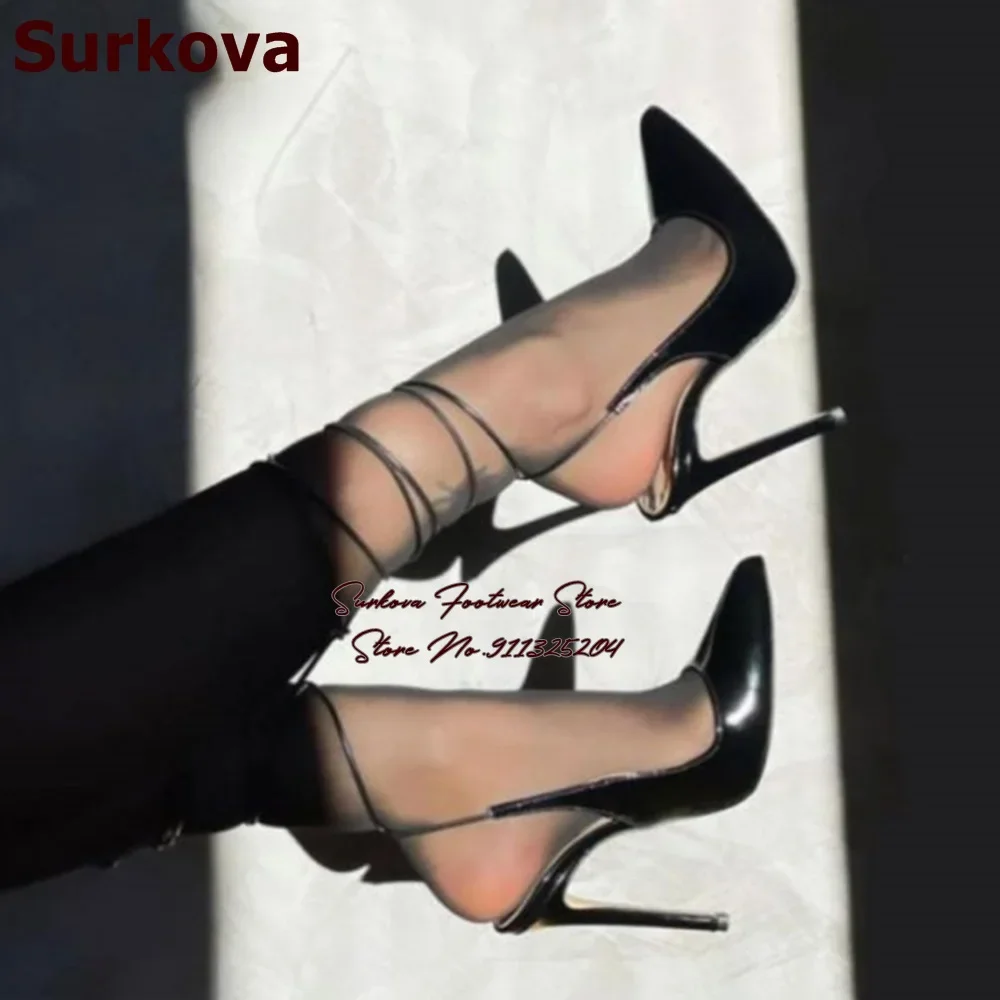 Surkova Golden Silver Sky High Heels Lace-up Slingback Dress Shoes 12cm 10cm 8cm Pointed Toe Shallow Evening Pumps Snakeskin