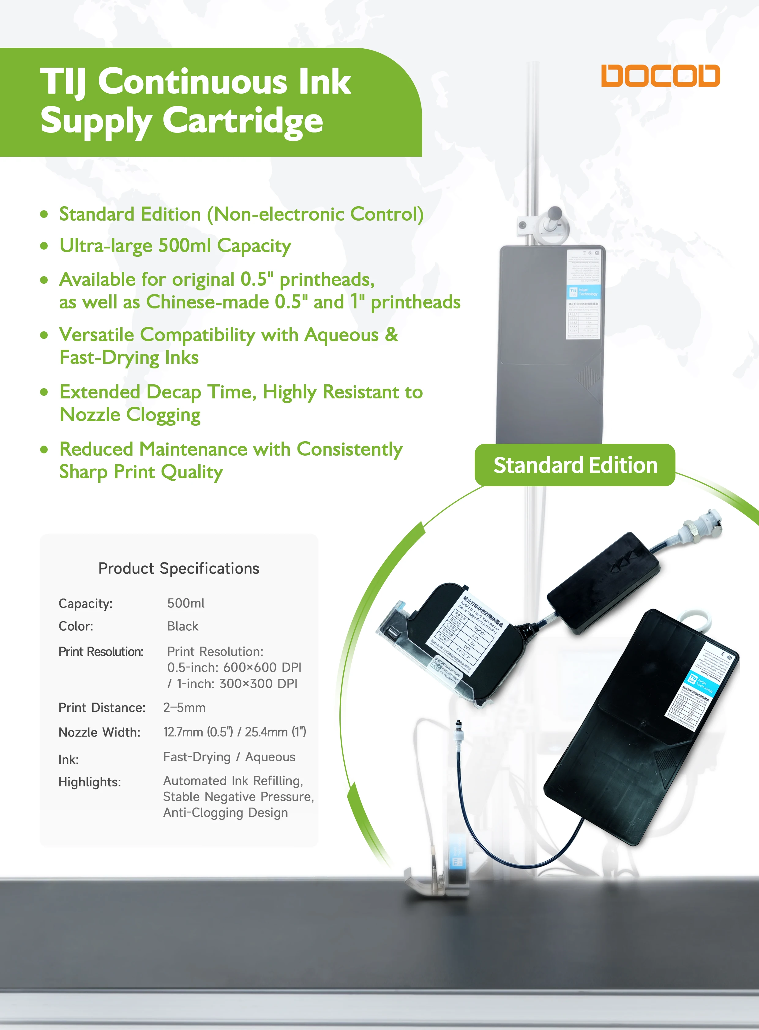 DOCOD Standard Edition TIJ Thermal Continuous Ink Supply Cartridge 500ml Bulk Ink System Anti-Clogging Design
