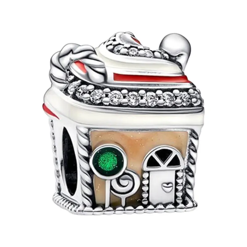 Christmas Festive Gingerbread House Charms For Women 925 Sterling Silver Jewelry DIY Bracelets Brown Red Green Enamel Clear CZ