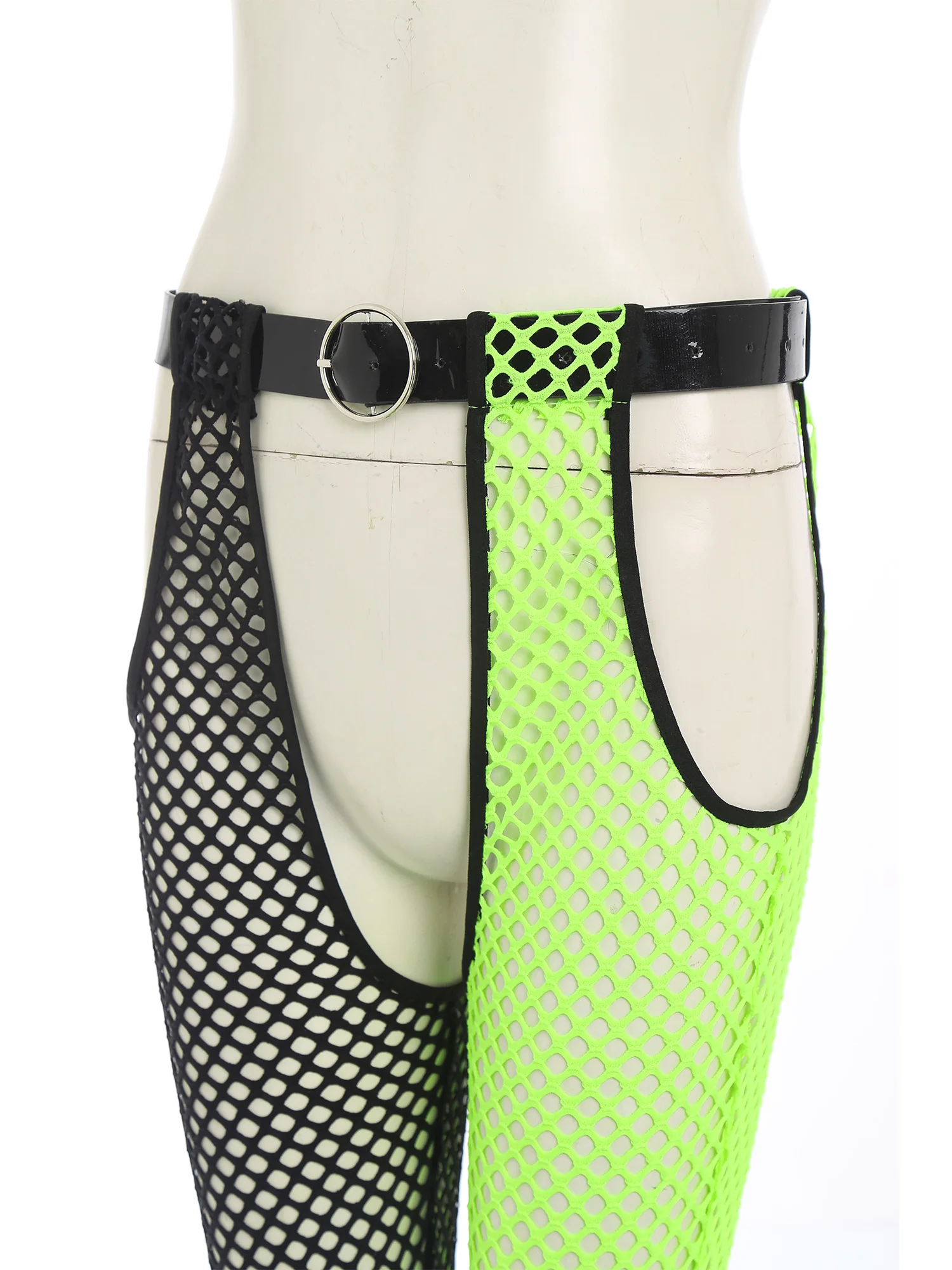 여성용 피쉬넷 메쉬 차프스, 크로치 컷아웃 와이드 레그 팬츠, 배색 허리 벨트 포함, 할로윈 레이브 클럽 파티용