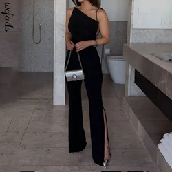 Wefads Women Jumpsuit Summer Fashion Strap Solid Sleeveless Backless Lace Up Loose Slit Wide Legs Pants Romper High Streetwear