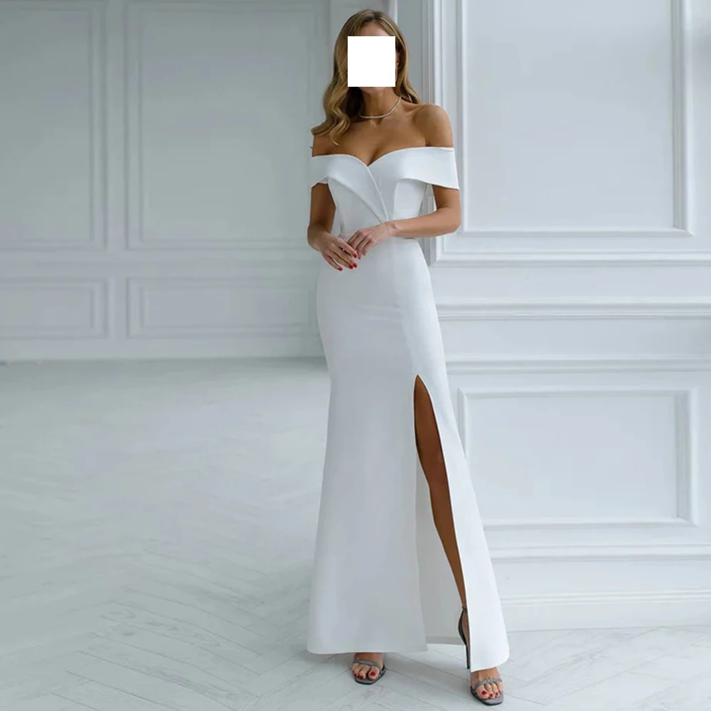 

Classic Straight White Ankle Length Off the Shoulder Jersey Sleeveless Prom Dress Formal Pleats Saudi Arabia Party Grows