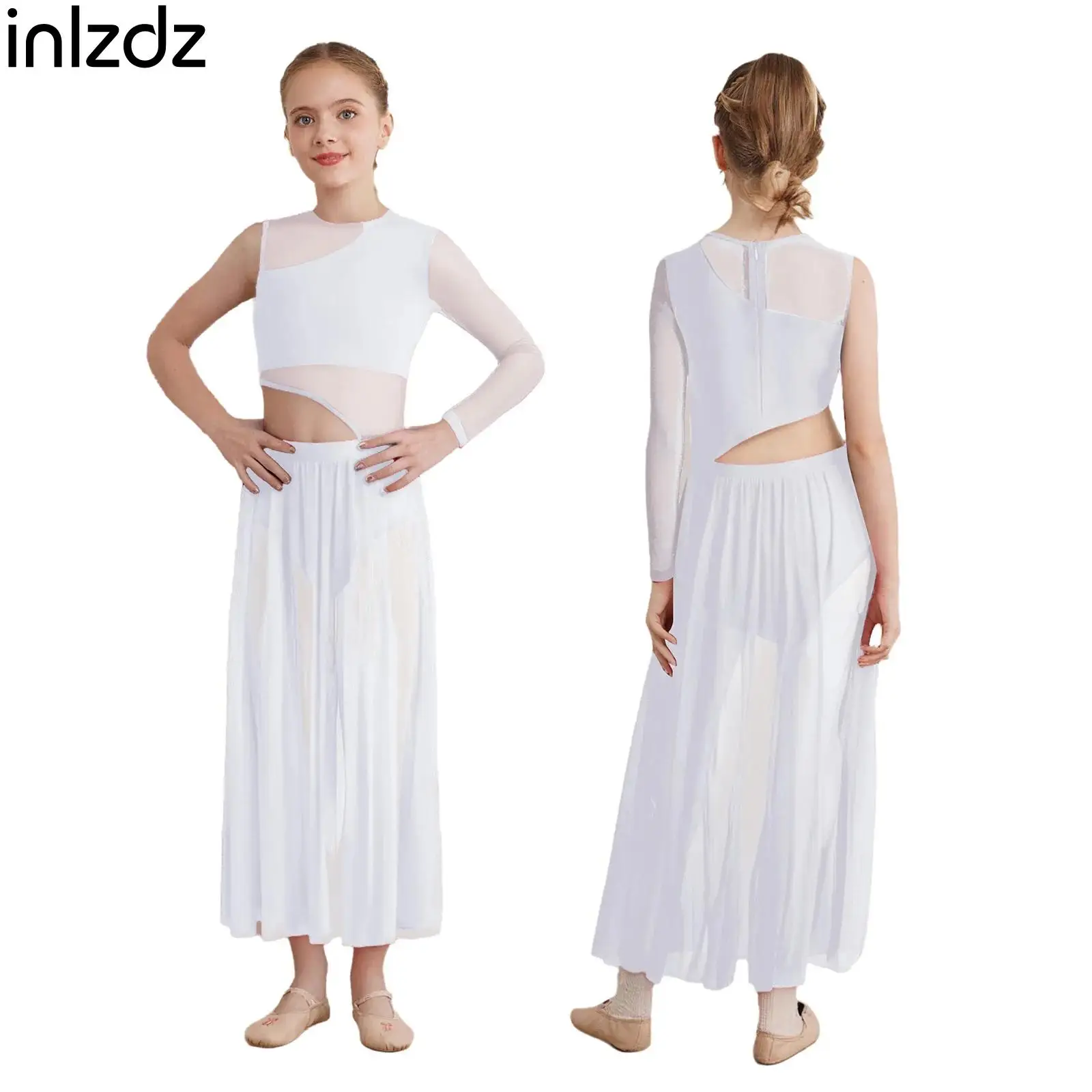 

Girls Lyrical Modern Dance Dress Asymmetric Split Ballet Gymnastics Leotard Figure Ice Skating Dancewear Kids Performance Dress