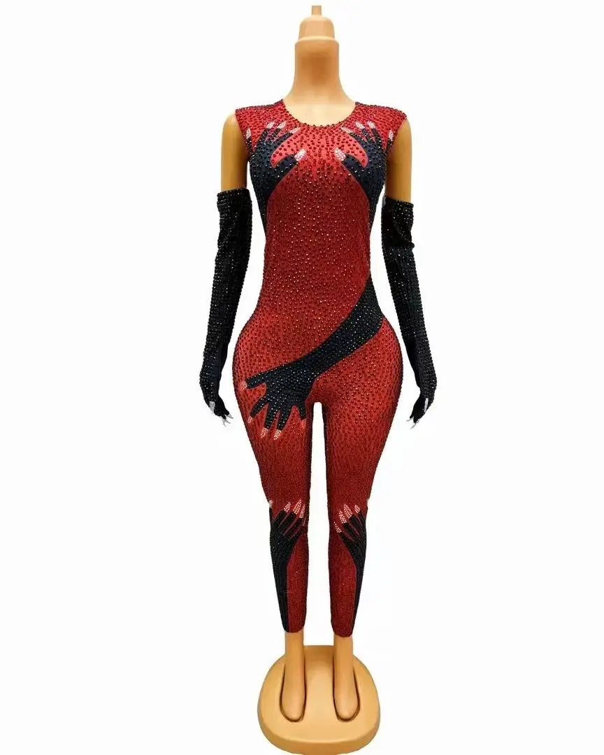 Red Black Full Rhinestones Bodysuit Evening Birthday Celebrate Sexy Stretch Jumpsuit Gloves Outfit Dance Performance Costume