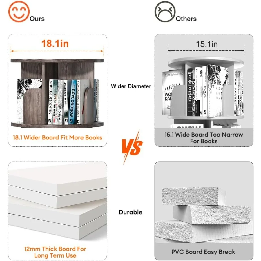 Libreria girevole girevole a 360 gradi con design girevole stretto per spazi compatti, ideale per camere da letto e soggiorni per adulti O