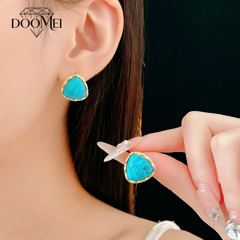 DOO MEI Vintage Plated Synthetic Turquoise Stud Earrings Set for Women Geometric Stone Earring Pack Vacation Daily Party Jewelry