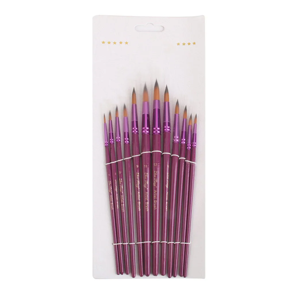 

12Pcs Painting Brush Set Nylon Hair Purple Round Tip for Oil Acrylic Watercolor Dye on Canvas Paper Wood Fabric Ceramic Surface