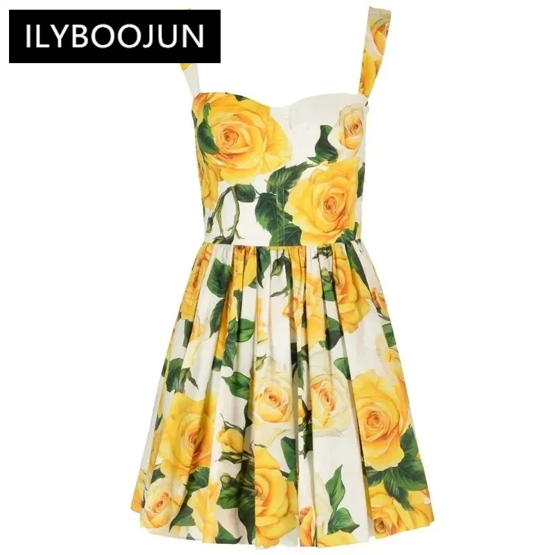 

ILYBOOJUN Fashion Women's New Poplin Spaghetti Strap Yellow Rose Printed Square-Neck Corset High-Waisted Beach Style Dress