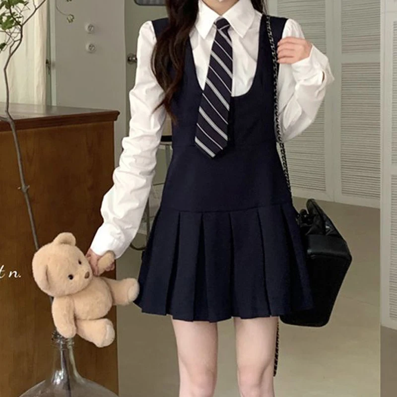 Korean Preppy Style JK Uniform Set for Women White Long Sleeve Shirt Student High Waist Slim Y2K Kawaii Pleated Mini Dress 2024