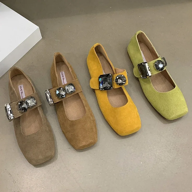 Jewel Luxury Flat Mary Jane Shoes Women Casual Square Toe Retro Shoes Suede Shallow Diamonds Fashion Autumn Footwear Women