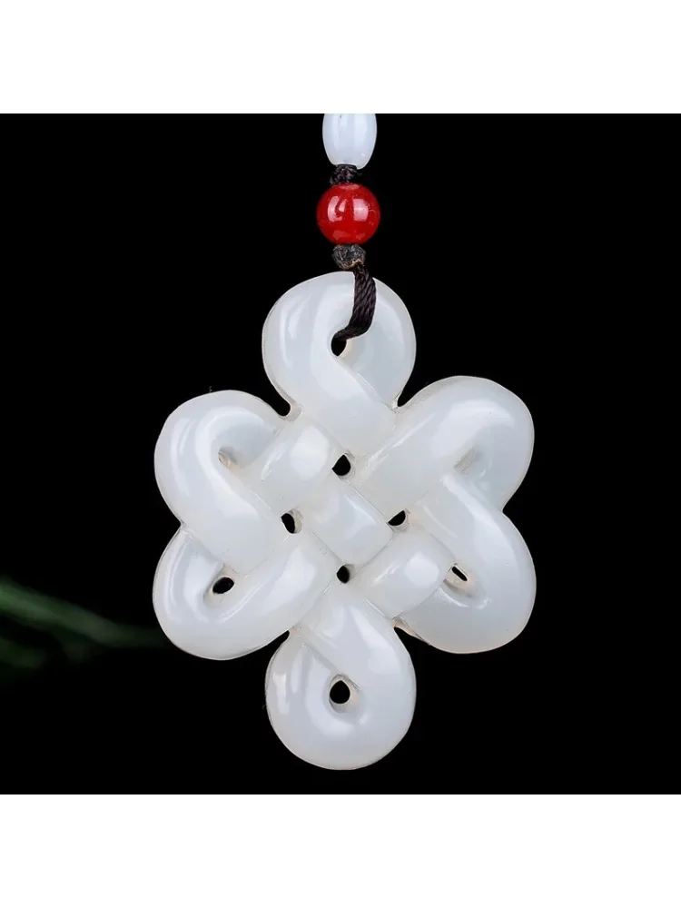 Naturalna zieleń biały Jade chiński węzeł wisiorek naszyjnik z koralików urok biżuteria dwustronne Hollow rzeźbione Amulet prezenty dla niej — zdjęcie 6