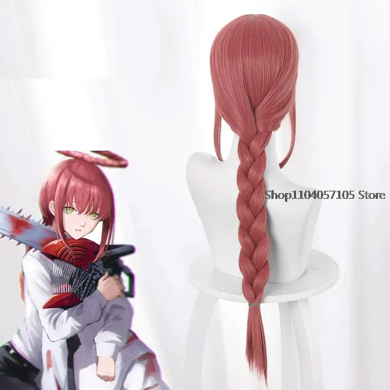 Anime Makima Cosplay Pruik Kettingzaag Man Lange Rose Rood Gevlochten Pruiken Hittebestendige Synthetisch Haar Halloween Party Hoofdhuid Pruiken